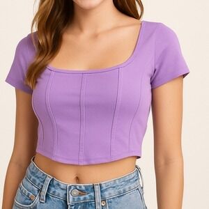 Hollister Corset Seamed‎ Lavender Crop Top Large Square Neck Short Sleeve